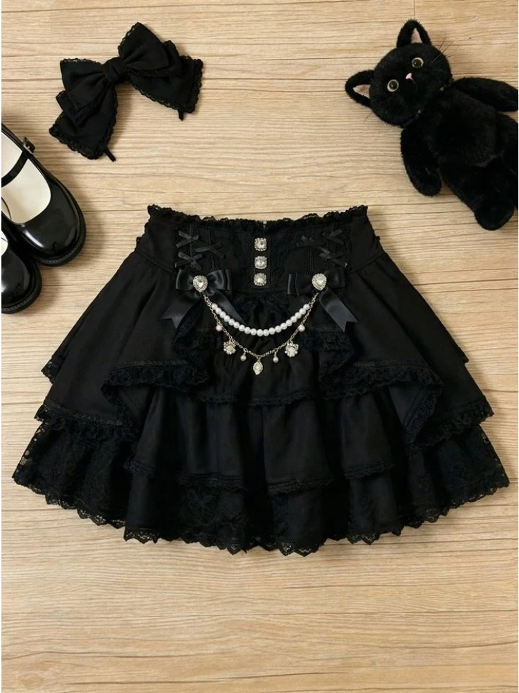 

Japanese Mass Sweet Cute Lace Cake Skirt Women Slim Waist Bow Design Fitted Ruffle A Line Mini Skirts Kawaii Fashion 2026 New