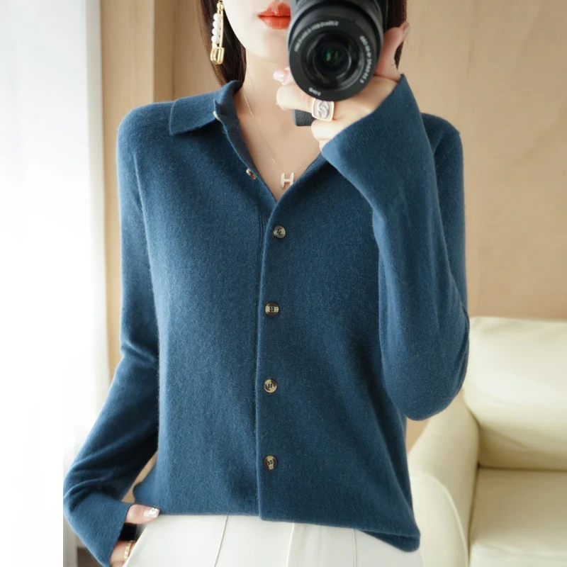 Spring And Autumn New Fine Imitation Wool Knit Cardigan Women Lapel Solid Color Sweater Fashion Temperament Thin Tops Versatile