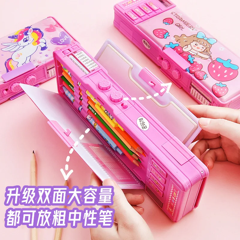 Mechanical deformation combination lock stationery box girl cute pencil case school student pencil box Cartoon plastic pen case