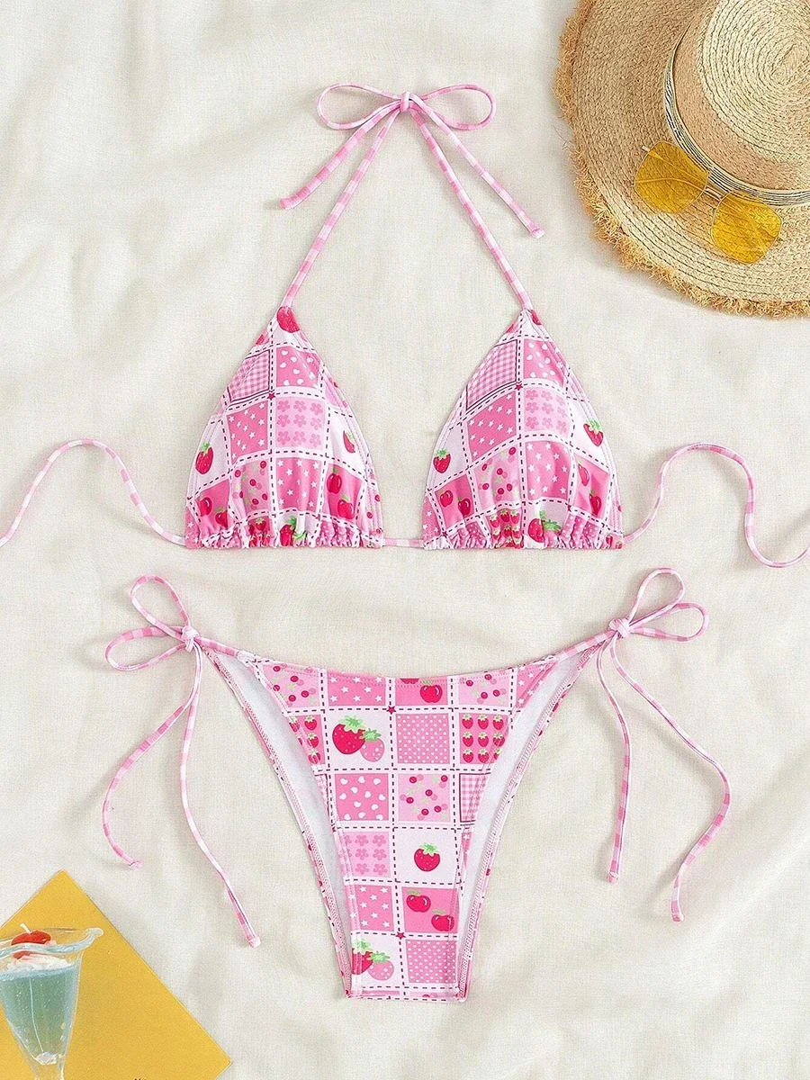 

Swimsuit 2025 Female Micro Bikini Women Swimwear Summer Beachwear Women's Bathing Suit Floral Print Neck Halter Thong Bikini Set