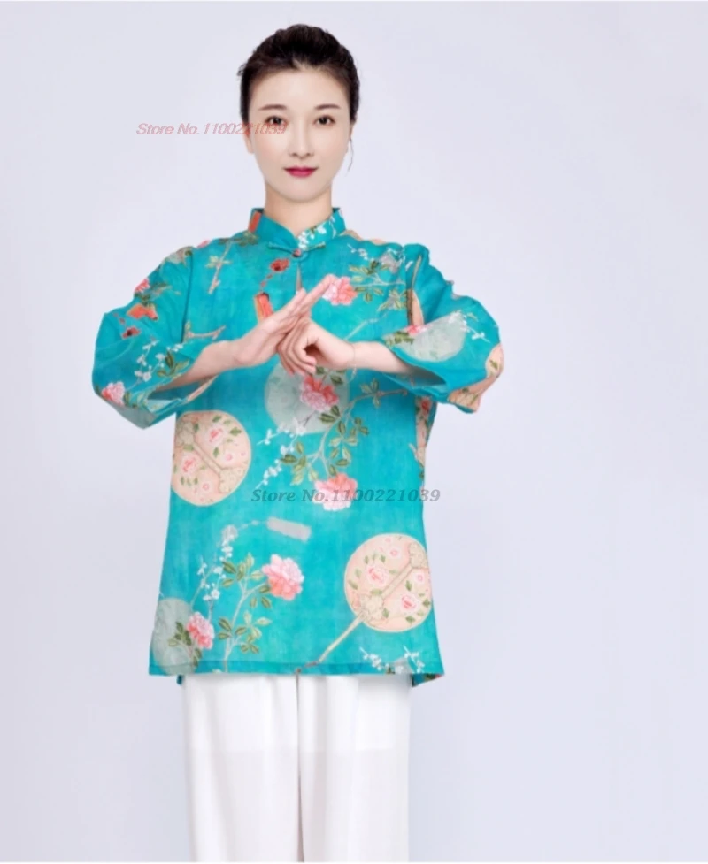 2025 chinese kung fu tai chi martial arts clothes traditional taijiquan practice flower print cotton linen suit outdoor sports