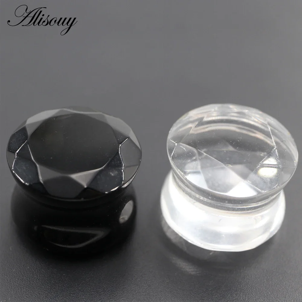 Alisouy 2PC 6-19mm Black Clear Glass Rhombus Section Round Ear Tunnels Plugs Expanders Stretcher Gauges Piercing Body Jewelry