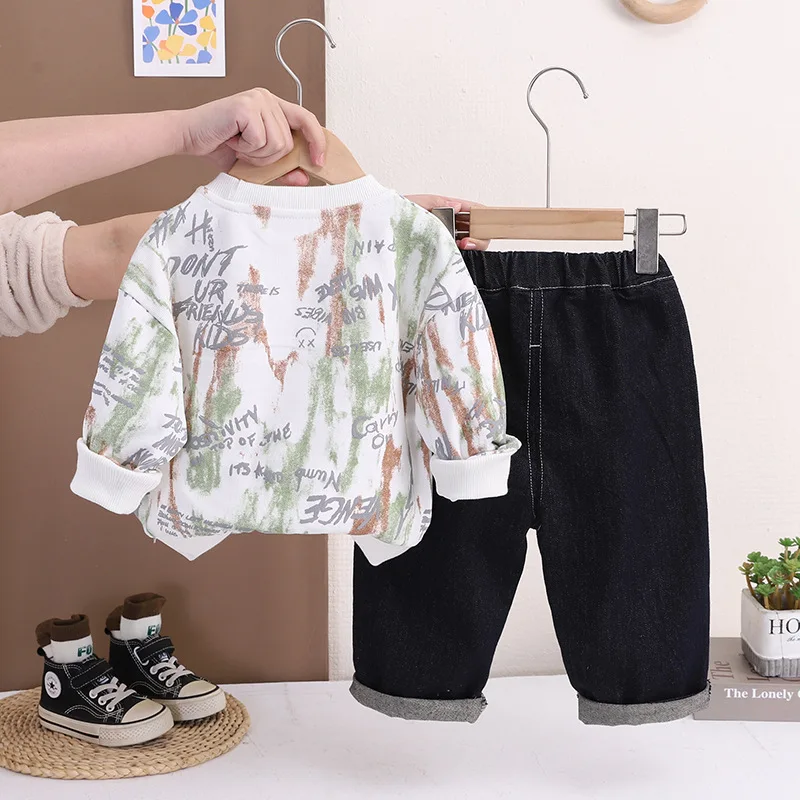 Toddler Boys Graffiti Print Long Sleeve Sweatshirt + Denim Jogger Pants Set Kids Casual Outfits Baby Boys Spring Autumn Clothing