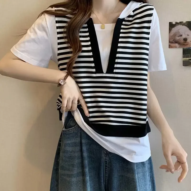 

Fashion Printed Spliced Hooded Striped Fake Two Piece Blouse Female Clothing New Casual Pullovers Korean Shirt XQ157