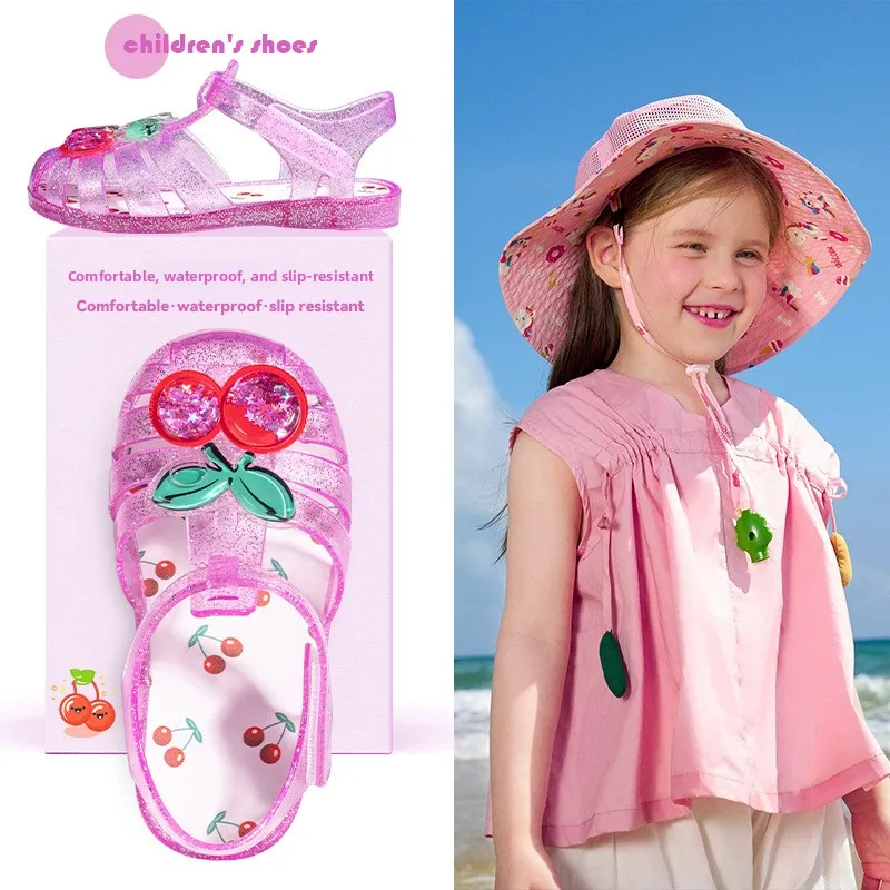 Fashionable Summer New Children's Jelly Sandals Trendy Sweet Beach Shoes Girls Cartoon Fruit Sandals Students Kids Crystal Shoes