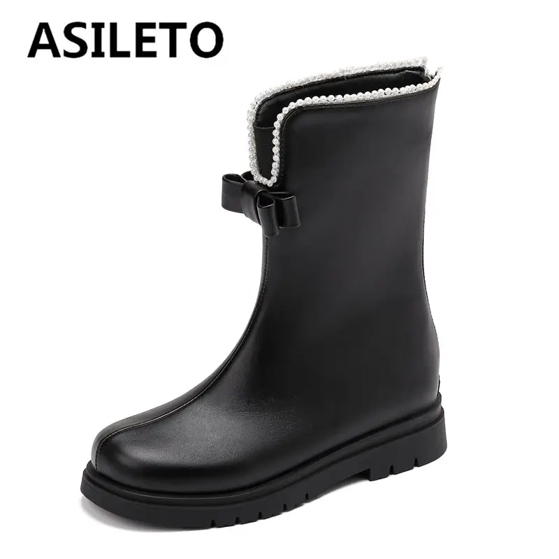 ASILETO Women Mid Calf Boots Round Toe Thick Heels 2.5cm Bowknot Pearl Small Size 31 32 Princess Girls Daily Bota