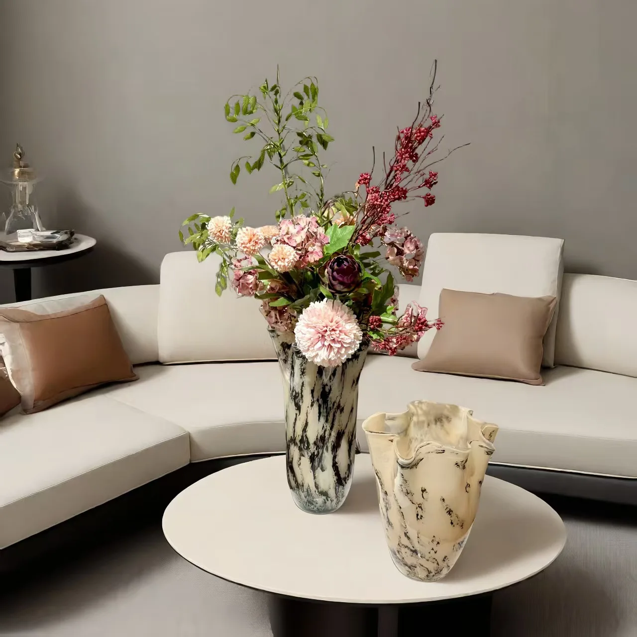 HP  Lotus leaf curled art glass vase medieval new Chinese ink painting style living room bedroom flower ware ornament