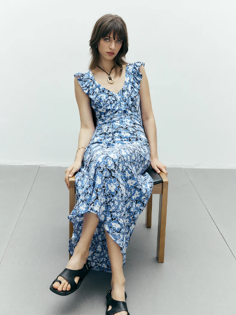 SuyaDream, Woman Maxi Dress, 100%Real Silk, Bias cut, V Neck, Floral Printed Long Dresses, 2025 Spring Summer Clothes, Blue
