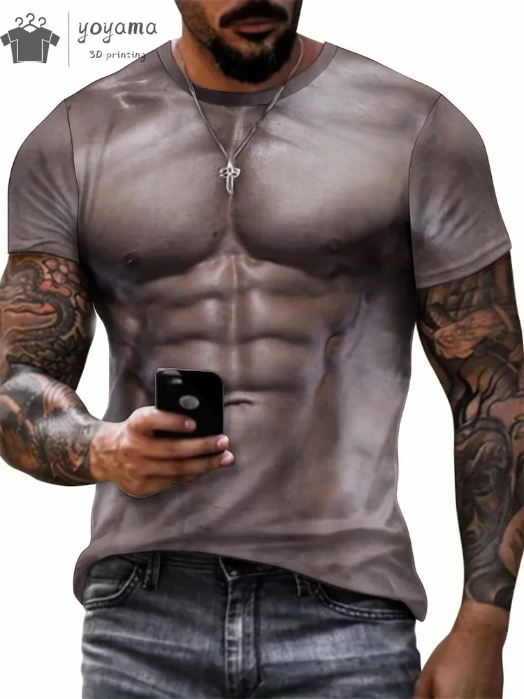 3D-Gedrucktes Schnelltrocknendes Atmungsaktives Herren-T-Shirt mit Fake-Muskeln für Sport, Outdoor, Streetwear, Trendy-Style, Rollenspiel, Party, O-Ausschnitt-Oberteil – Detail 14