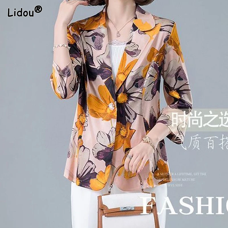 2022 Women's Clothing Thin Blazers Spring Summer Button Printing Plus Size Notched Coat Loose Casual Comfortable Graceful Tops