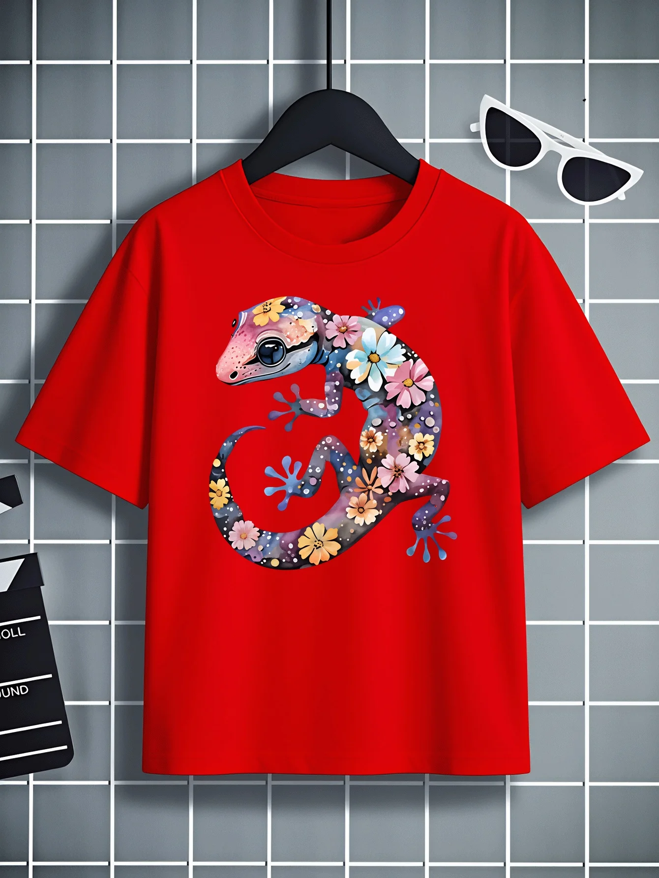 Floral Gecko Art Print Design Pattern Machine Washable Outdoor Activity Top Comfortable and Fun Printed Parent-child T-shirt