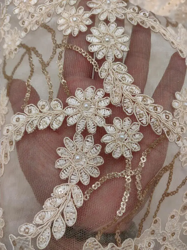 

Customizable Champagne Colored Lace Floral Leaf Pearl Embroidered Fabric for Wedding and Cheongsam Clothing Accessories