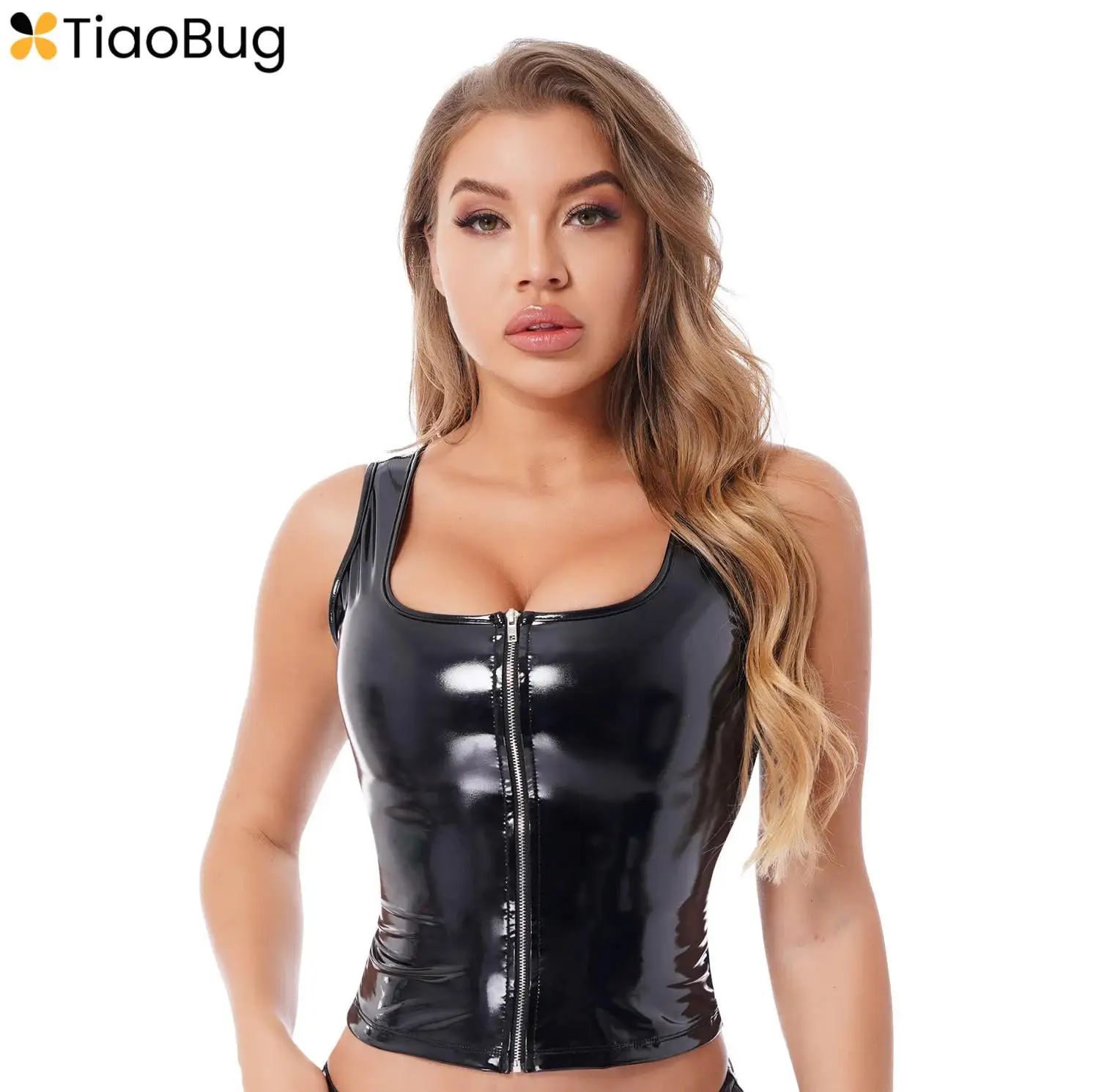 

Wet Look Patent Leather Tank Tops for Womens Fashion Y2K U Neck Sleeveless Zipper Corset Vest Party Club Pole Dancing Crop Top