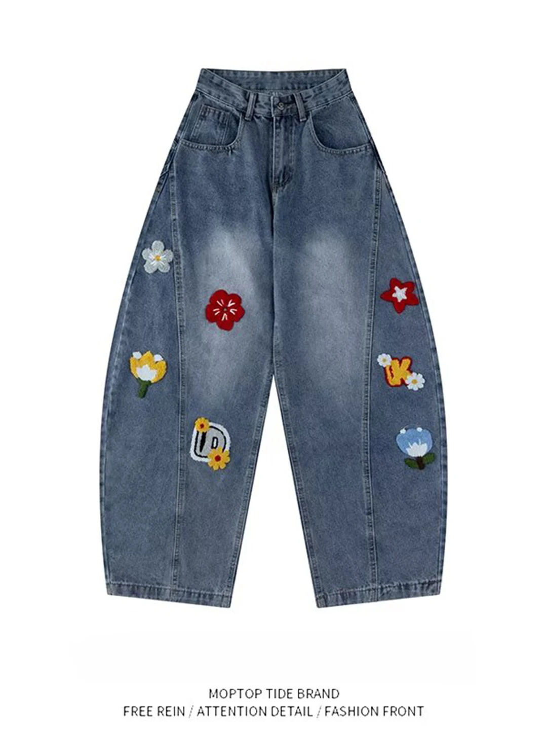 

American Cartoon Floral Velvet Letter Blade Jeans Patchwork Decosition Design Long Pants Straight Leg Fit Tube Loose Waist