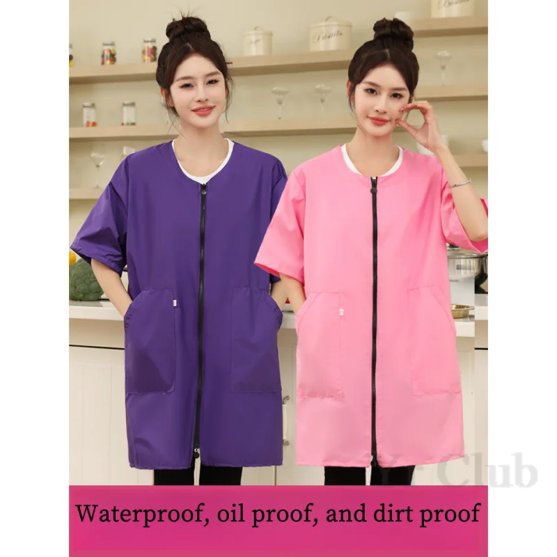 Short Sleeved Kitchen Women's Waterproof And Oil Resistant Kitchen And Home Coat Work Clothes  Pet Clothing Two Way Zipper Apron