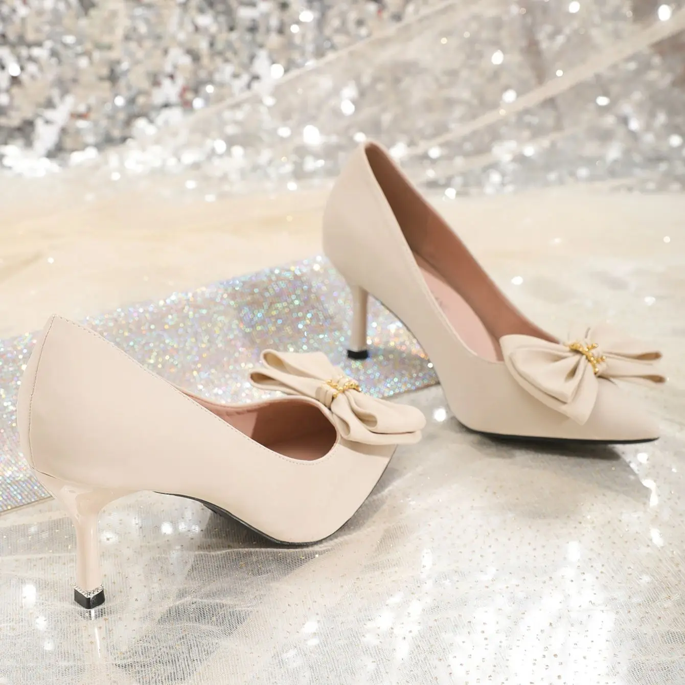 Pointy bow bow gentle elegant stiletto with light-mouthed single shoes