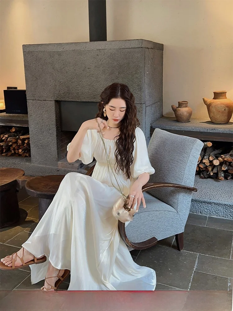 

anji Bla Flower 2023 New Flowing Square Collar Fairy Dr ort Sve High Quali Ele ature Women's Dr