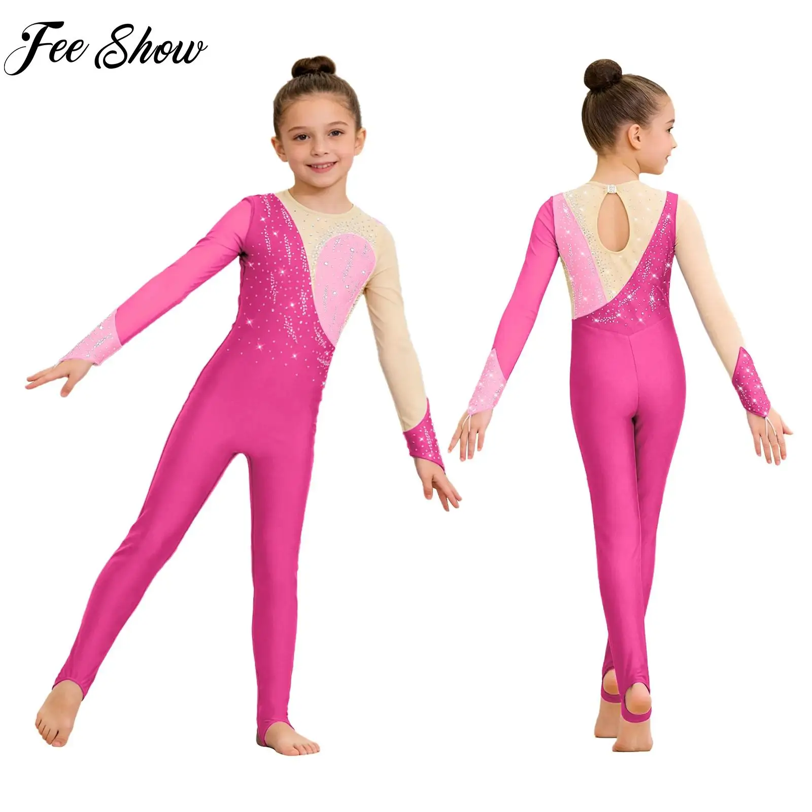 

Girls Figure Skating Jumpsuit Rhinestones Long Sleeves Stirrup Bodysuit Gymnastics Leotards Dancewear Stage Performance Costume