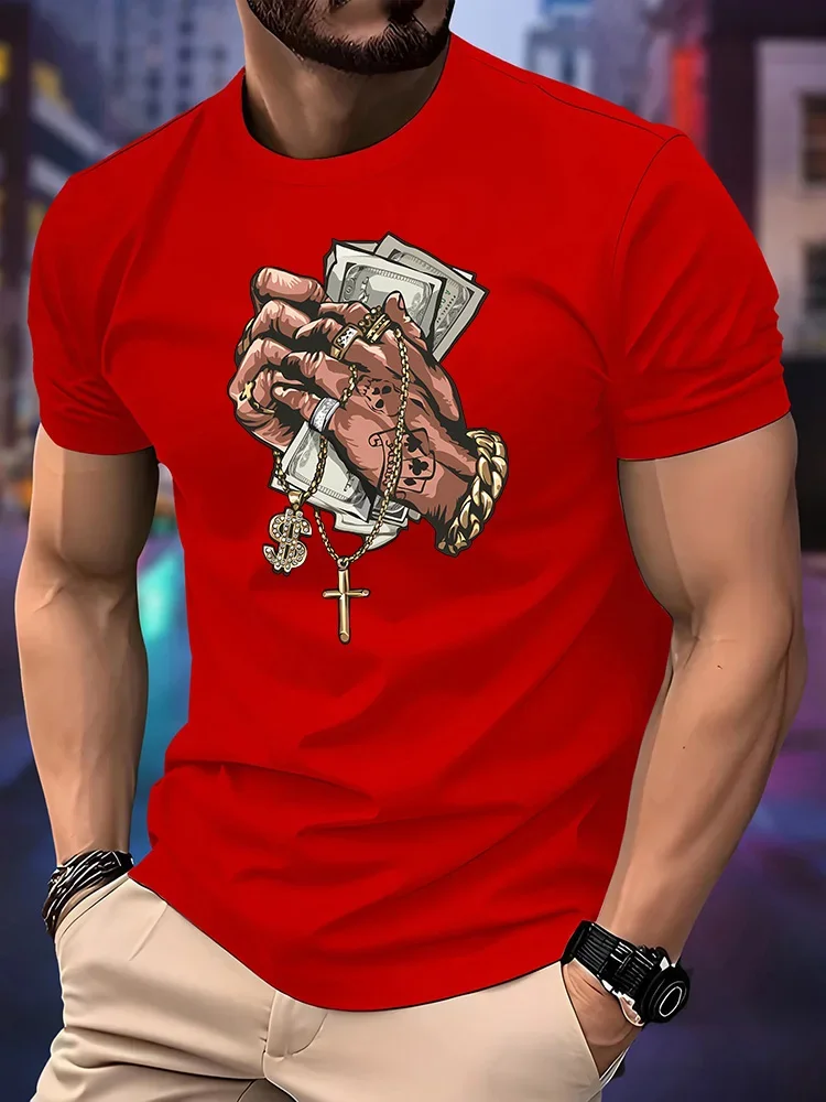 Men's Hip Hop T-Shirt Cash Money Gold Chain Cross Print O-Neck Short Sleeve Casual Streetwear Graphic Tee Tops