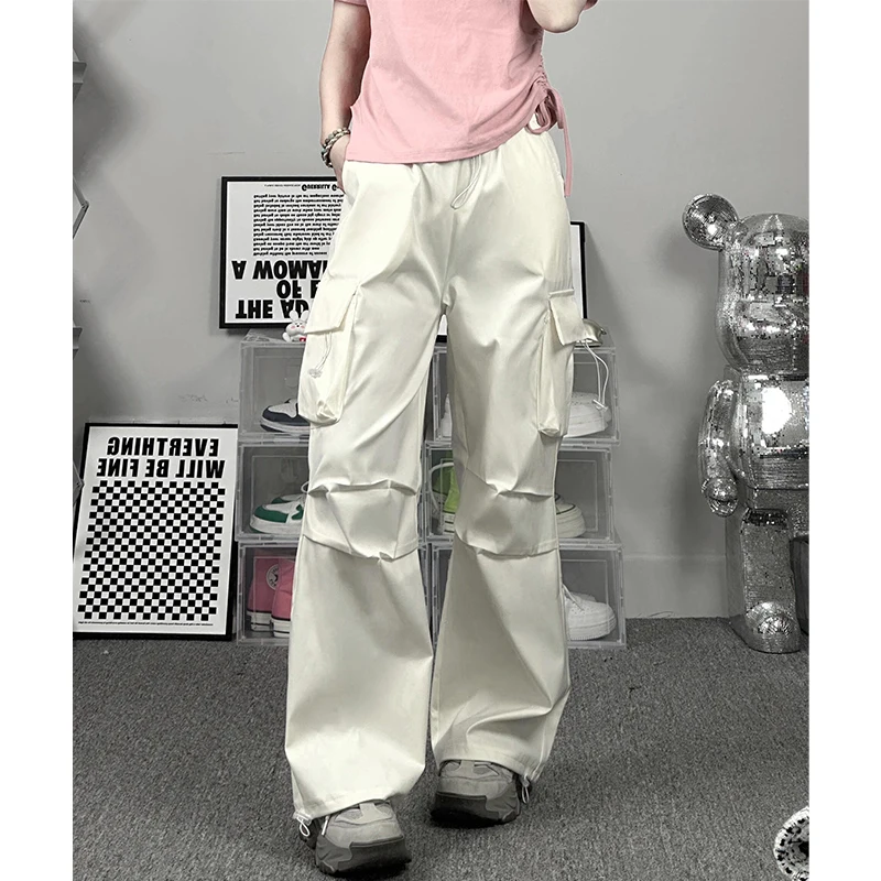 

Летние уличные белые нейлоновые брюки из ледяного шелка, рабочие брюки с высокой талией, брюки-парашюты, мужские модные повседневные брюки прямого кроя