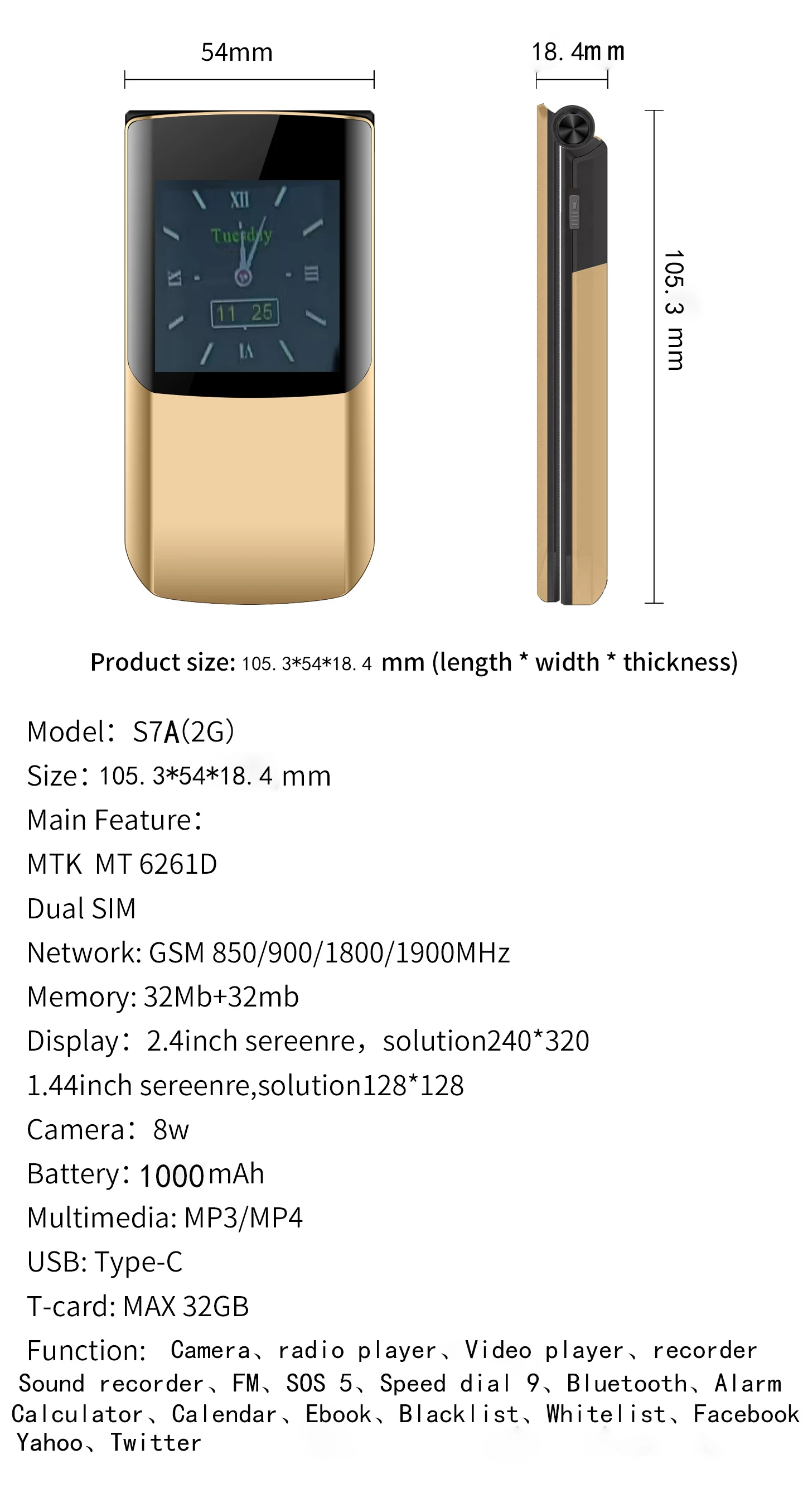 S7A 2G YEEMI Flip CellPhone 2.4inches MTK HD Screen GSM Dual SIM Card 1000mAh Mp3 Mp4 FM 8W Camera Type-C 2G Mobile Phone