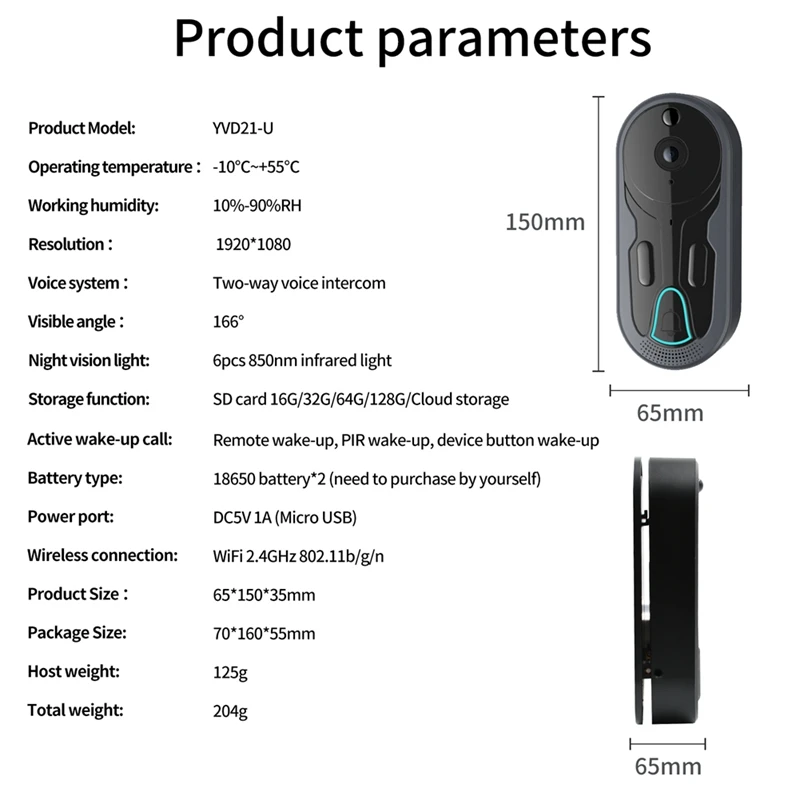 FORW-Smart Wifi Video Doorbell Wireless Voice Intercom Monitor 1080P HD Night Vision Smart Doorbell Camera