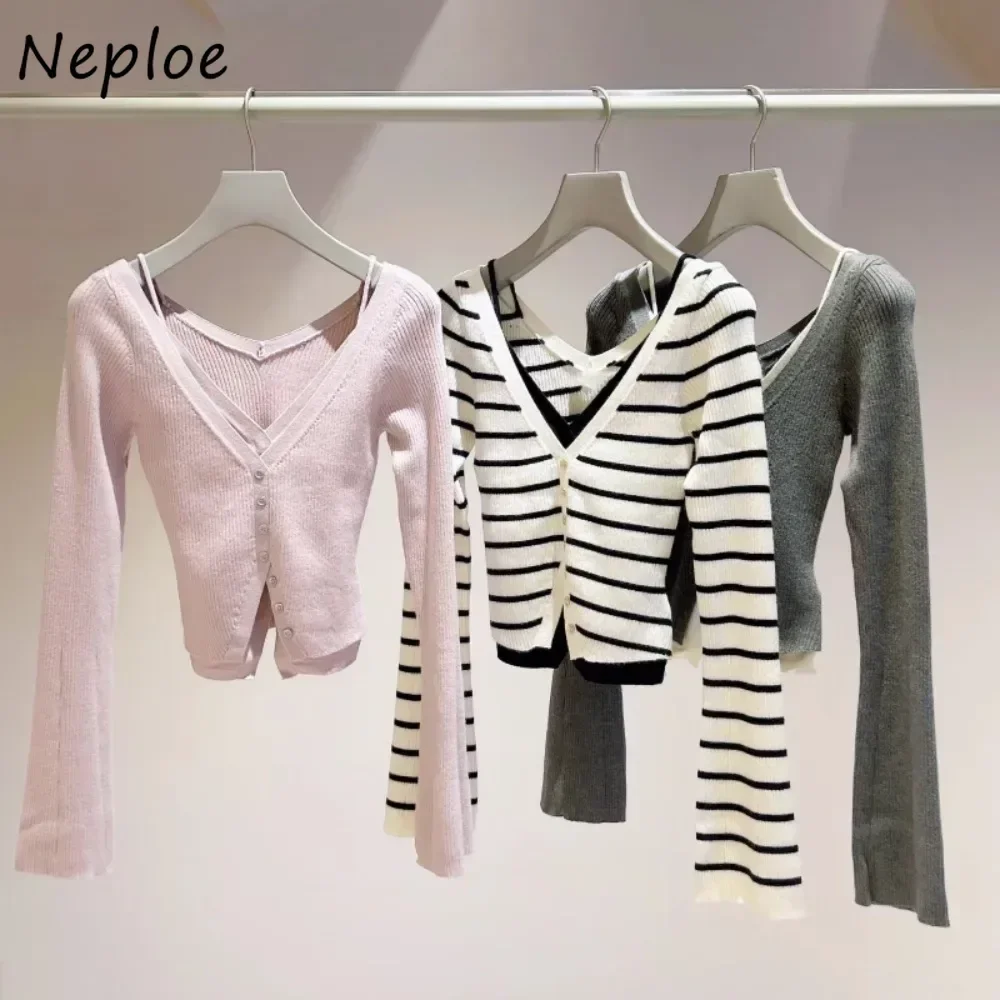 Neploe New V Neck Flare Sleeve Fake Two Pieces Jumper Sling Vent Single Breasted Stripe Cardigan Japan All-match Elegant Tops