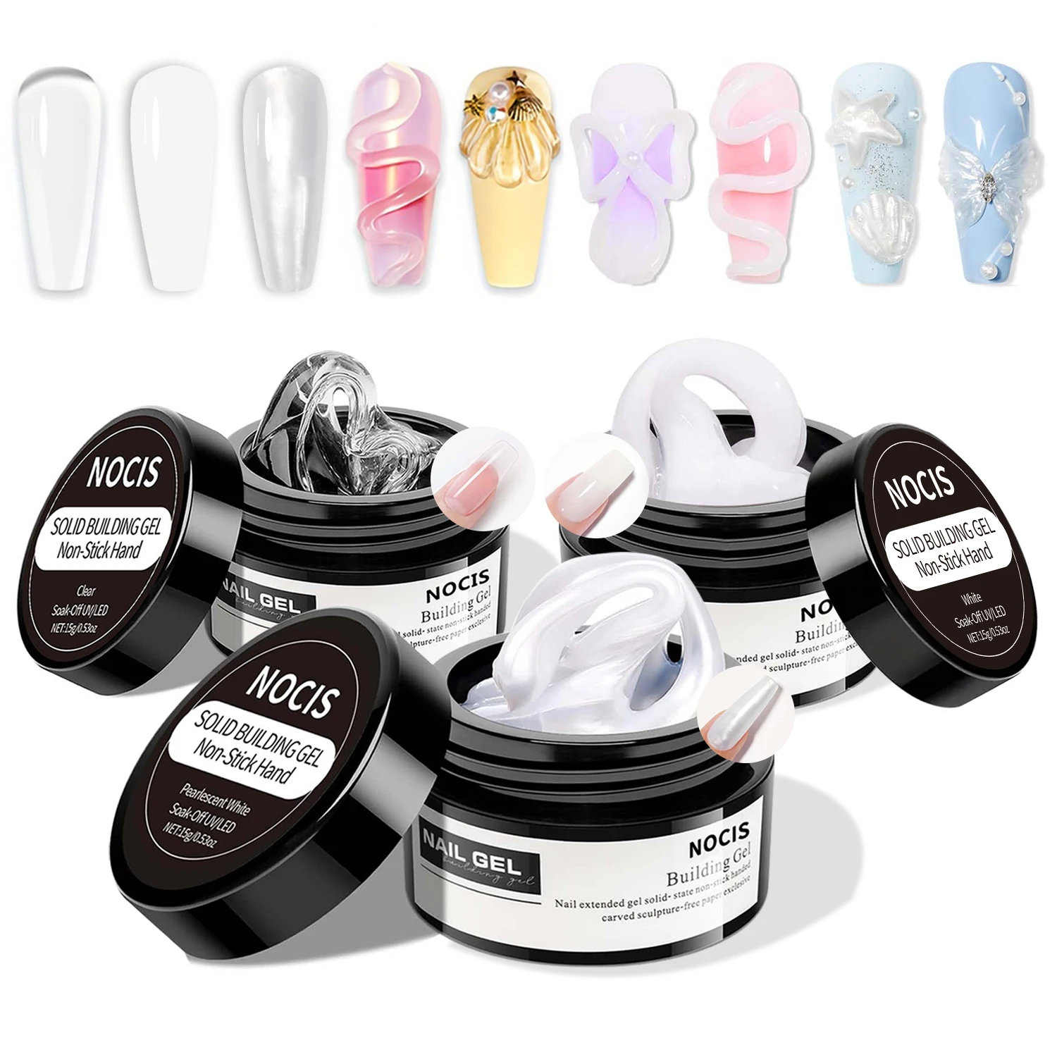 NOCIS 15g Solid Gel Builder Kit for DIY Nail Art - 4-in-1 Extension Gel, Silicone Molds, Sculpting Brush & UV Glue