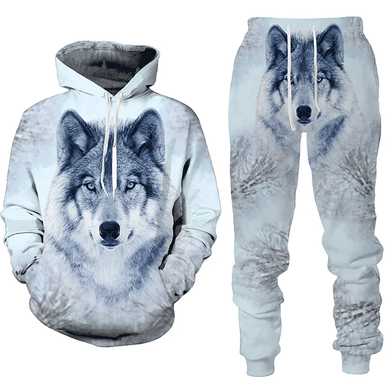 Ensemble de survêtement imprimé loup de forêt pour hommes, sweat à capuche 3D, sweat-shirts décontractés, pantalons de survêtement, vêtements de