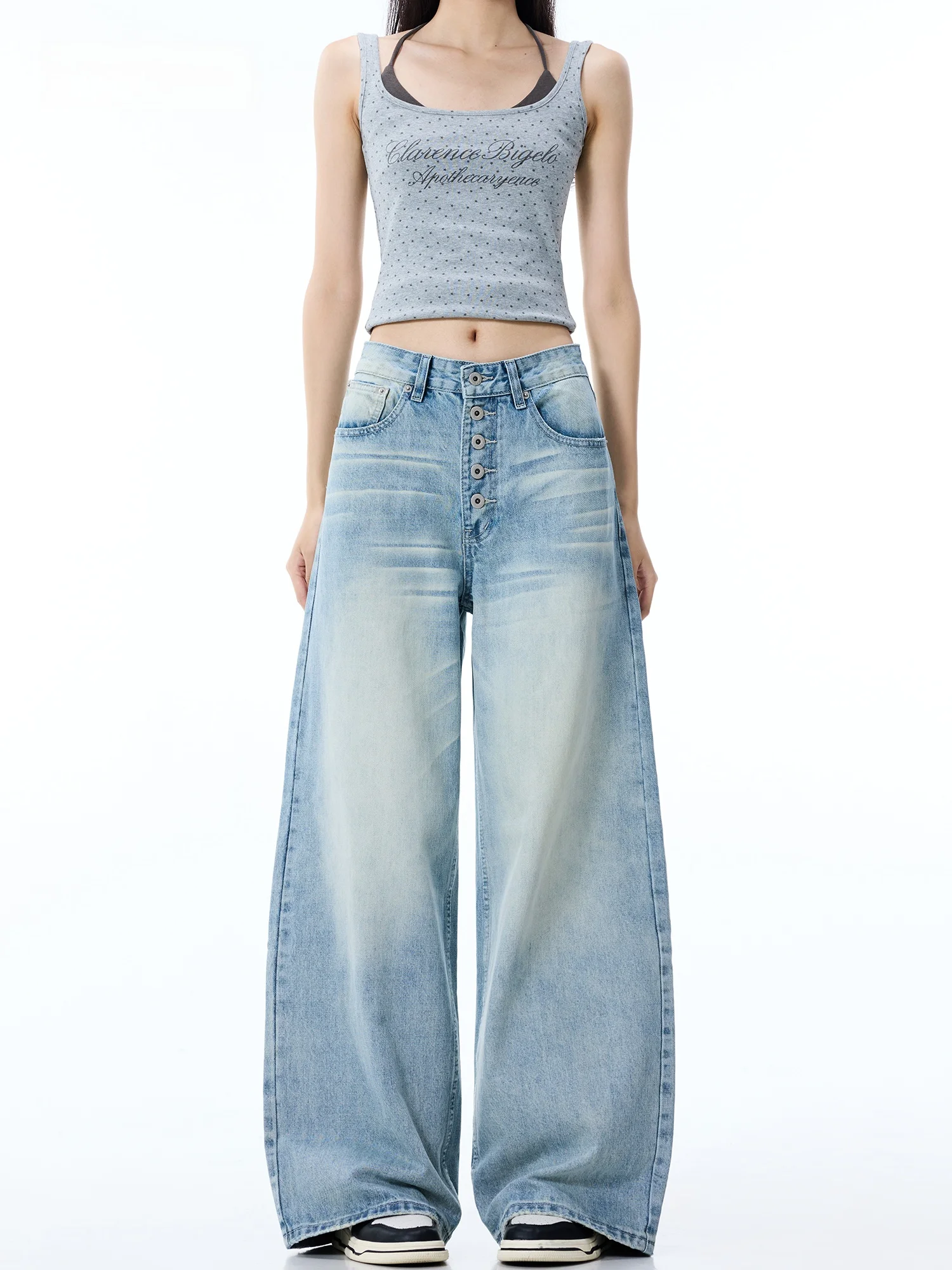 Early Autumn High Waist Wide Leg Straight Cut Denim Jeans Women's American Retro Loose Fit Floor Length Pants Casual Style