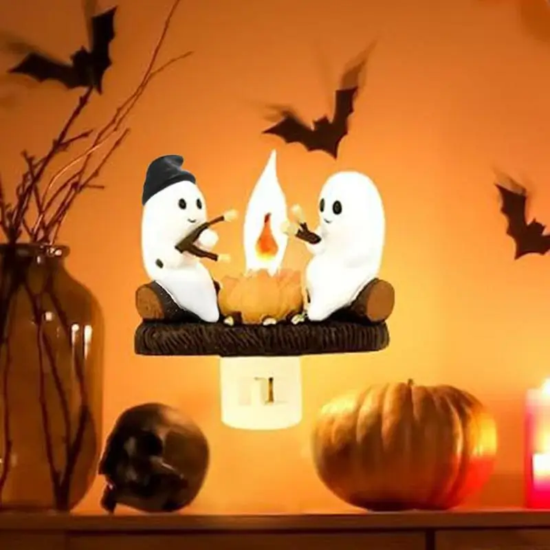 Ghost Night Light 2024 Halloween Decoration Plug Into Wall Pumpkin Night Bonfire Campfire Nightlight Resin Flickering Lamp