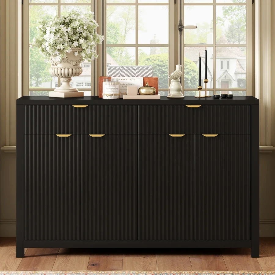 U_STYLE Modern 55.1'' Sideboard Buffet Cabinet with 2 Drawers and 4 Doors, Adjustable Shelves, Wave-Pattern Design, Aluminum Ha