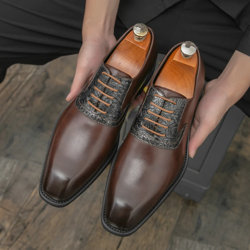 

British Men Lace Up Comfortable Pointed Business Formal Leather Shoes Fashion Brand Breathable Banquet Party Block Leather Shoes