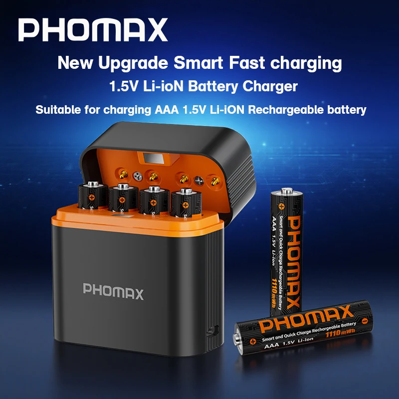 

PHOMAX High Performance 4 Slots Rechargeable AAA Battery Charger LED Charging Indicator Charger with 4PCS AAA Li-ion Batteries