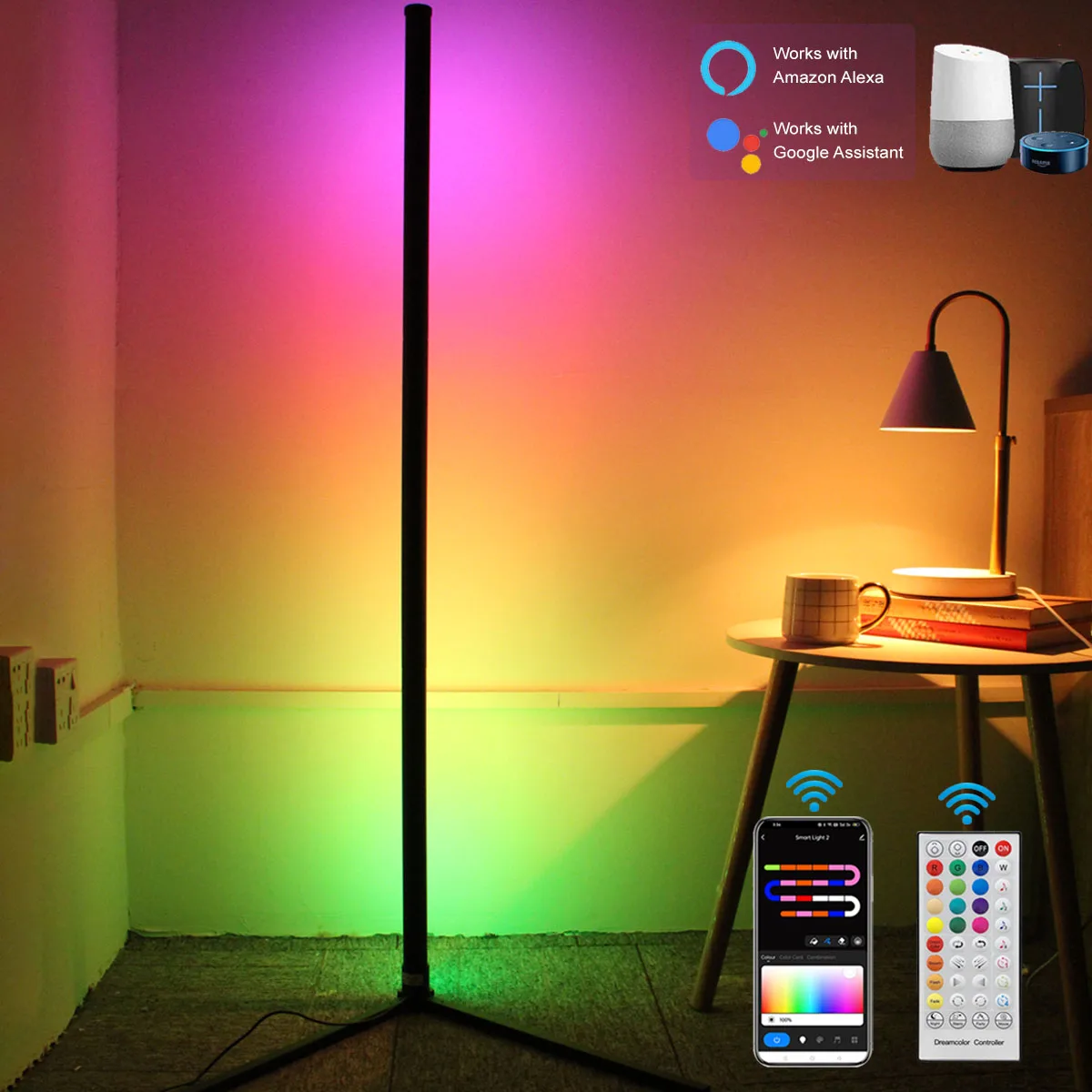 160cm Dimmable Smart Tuya Corner Floor Lamp RGB LED Modern Mood Lighting Alexa Stand Lights for Living Room Bedroom Gaming Decor