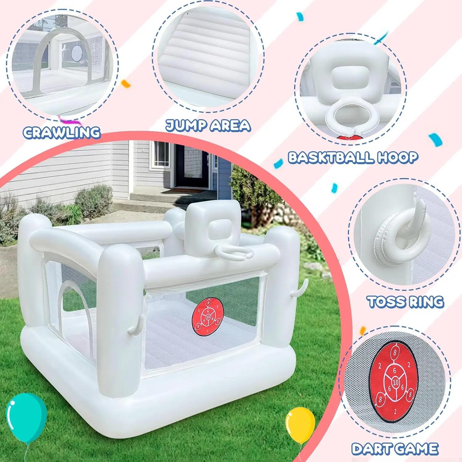 White Bounce House with Pump Kids Ball Pit Bounce House for Kids 3-6 Birthday Indoor or Outdoor Playhouse Customization