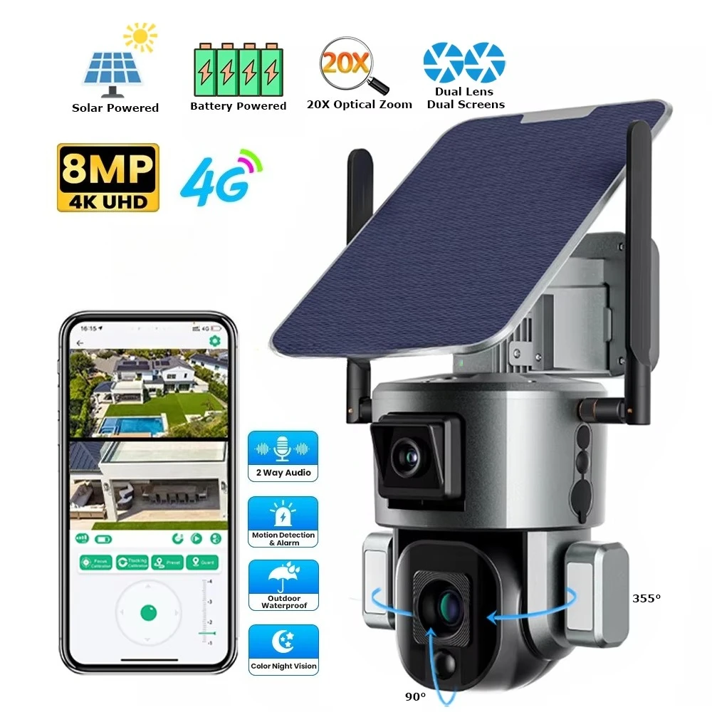 8MP dual lens 20x zoom wireless solar Niview 4k outdoor 4g card security solar CCTV