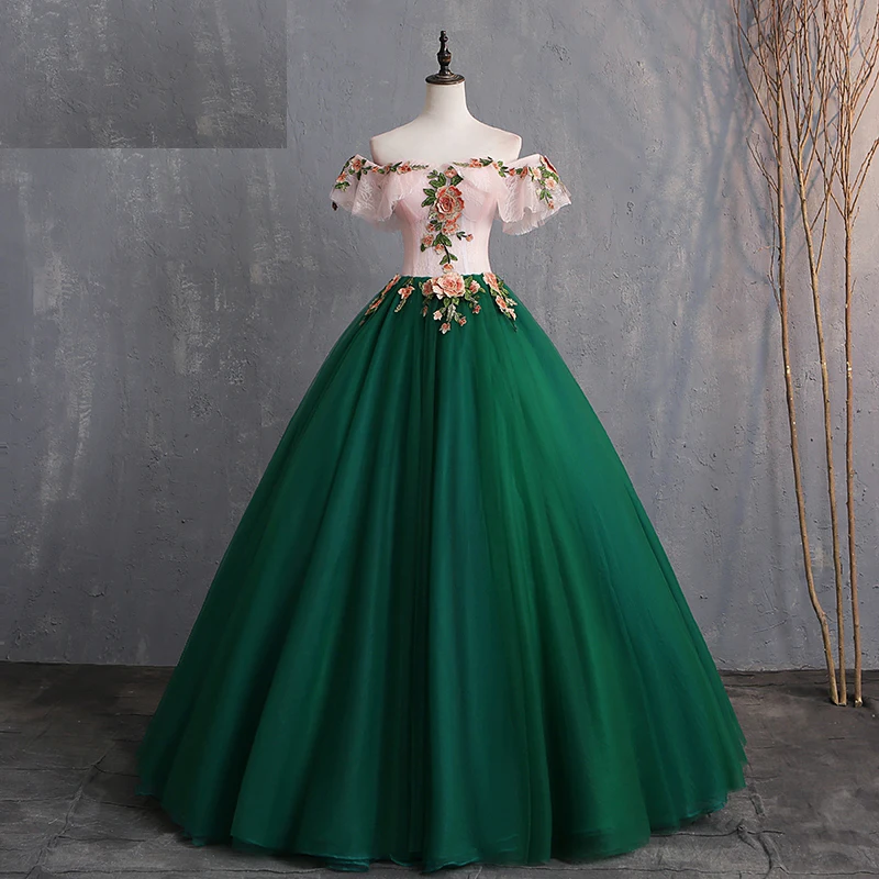 

Women's Ball Gown Vintage Lace Quinceanera Gown Elegant Dress Off The Shoulder Sweet Floral Print Vestidos