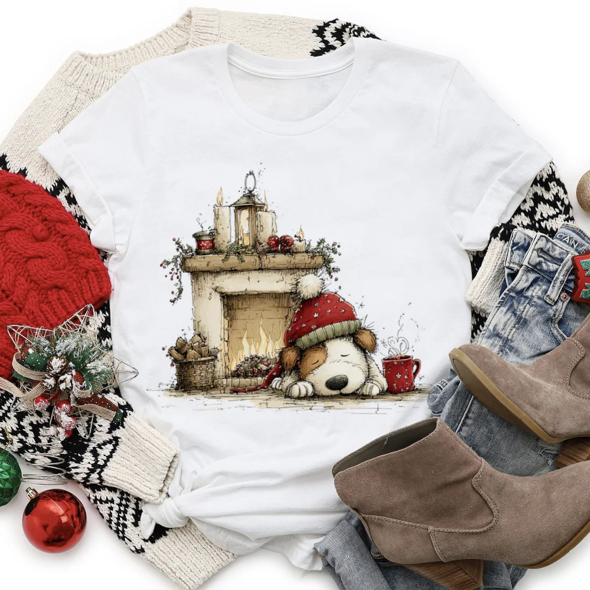 عيد الميلاد الكلب النوم الموقد نمط عارضة المرأة المطبوعة متعة تي شيرت أعلى لطيف مطبوعة جولة الرقبة الكرتون المرأة تي شيرت