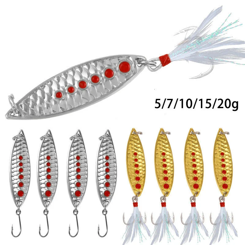 Spoon Lure Bait Metal Jig Leech Scale Paillette Metal Isca Artificial Single Hook Feather Slots Fishing Bait Fish Weights 5-20g