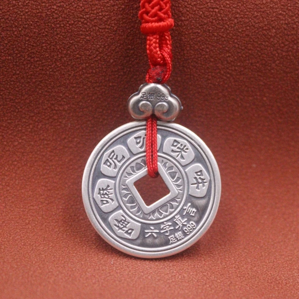 

Real Pure 999 Fine Silver Men Women Bless Lucky Characters Lotus Mantra Circle Pendant