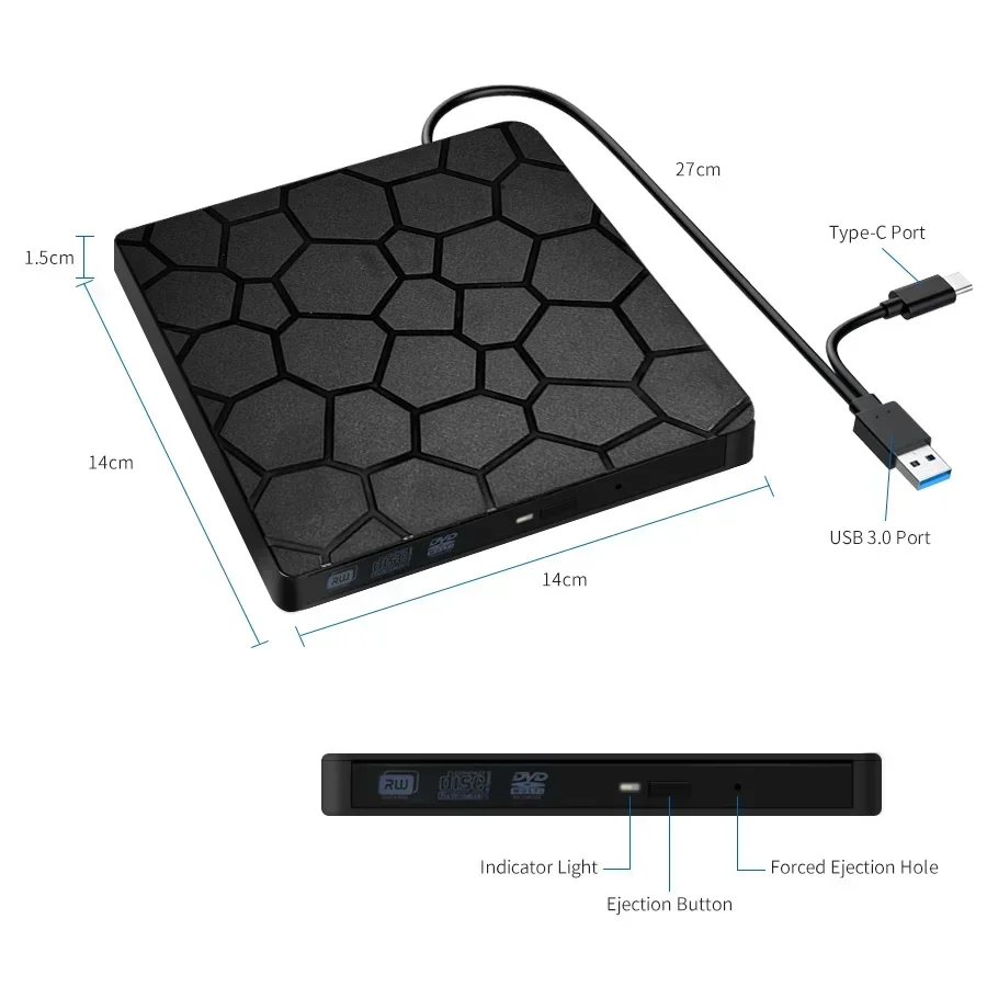 Портативный оптический привод USB 3.0 Type-C для чтения и записи CD/DVD — фото товара