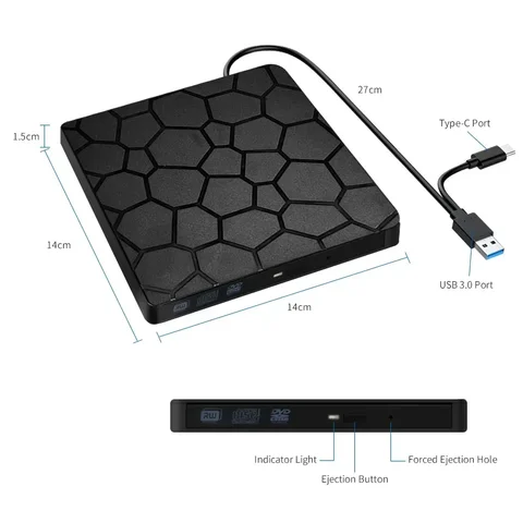 Портативный оптический привод USB 3.0 Type-C для чтения и записи CD/DVD