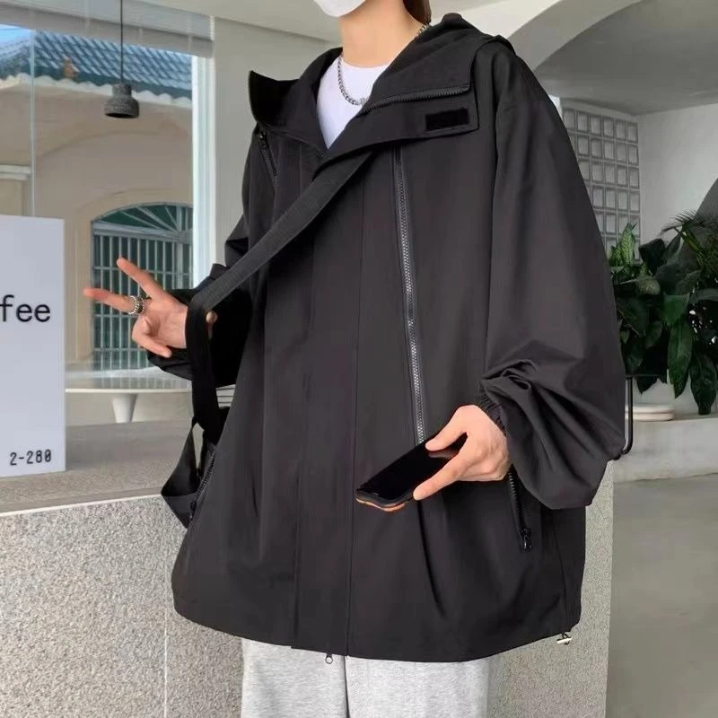 

​High Street Men's Waterproof Jacket Functional Zipper Hooded Loose Fit Cargo Jacket for Outdoor Activities​