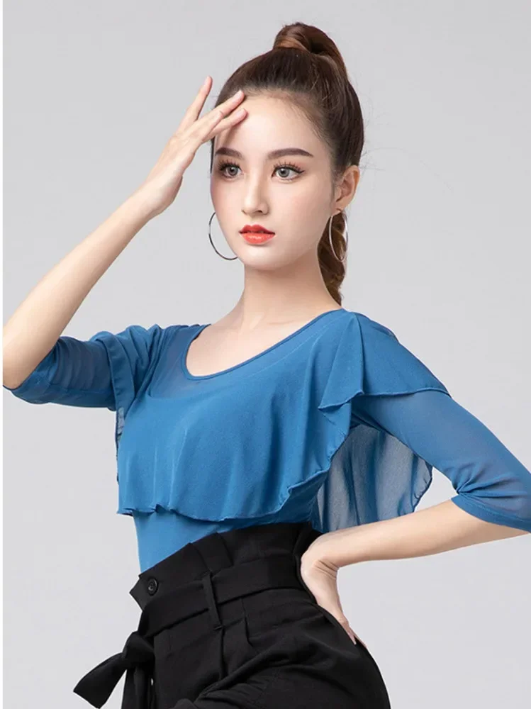 Solid Color Flamengo Latin Dance Tops Competition Women Elegant Ruffle Top Practice Girls Slim Fit Line Costume Clothing LU79