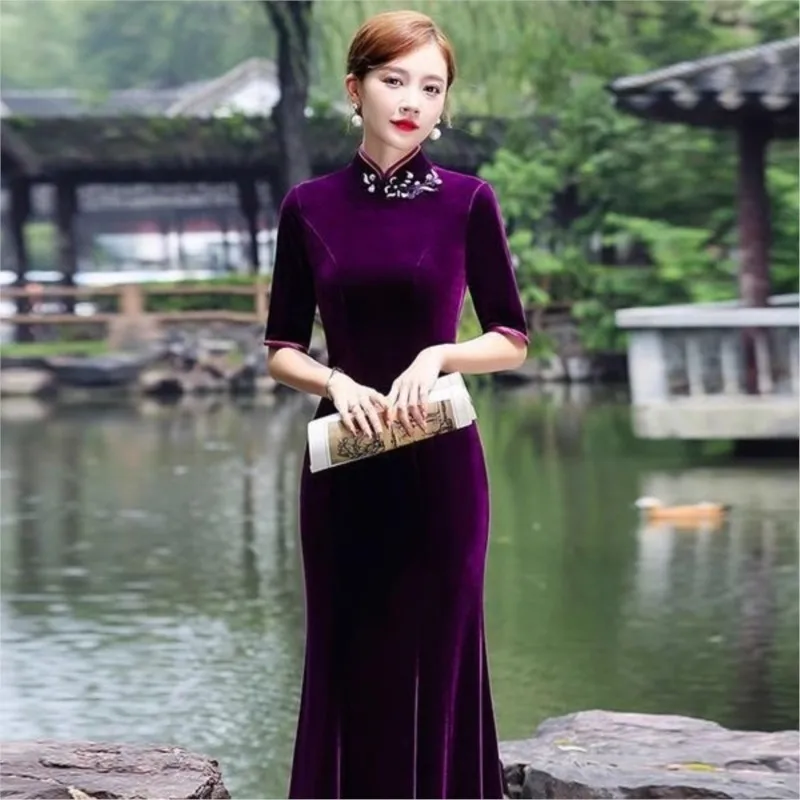 

Velvet cheongsam runway show performance dress long and elegant fishtail