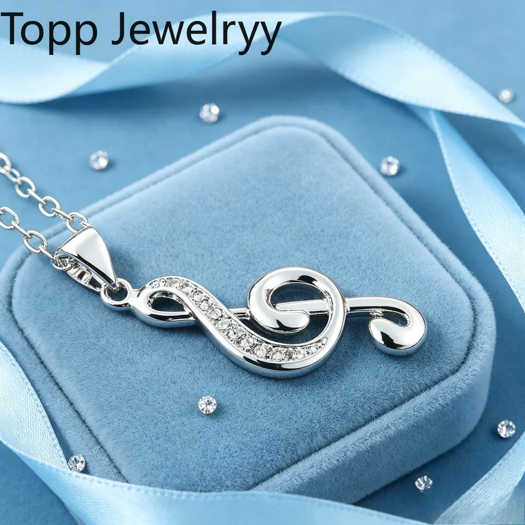 Fine 925 Sterling Silver Necklace crystal Elegant musical note Pendant For Women high quality Fashion Jewelry Christmas Gift