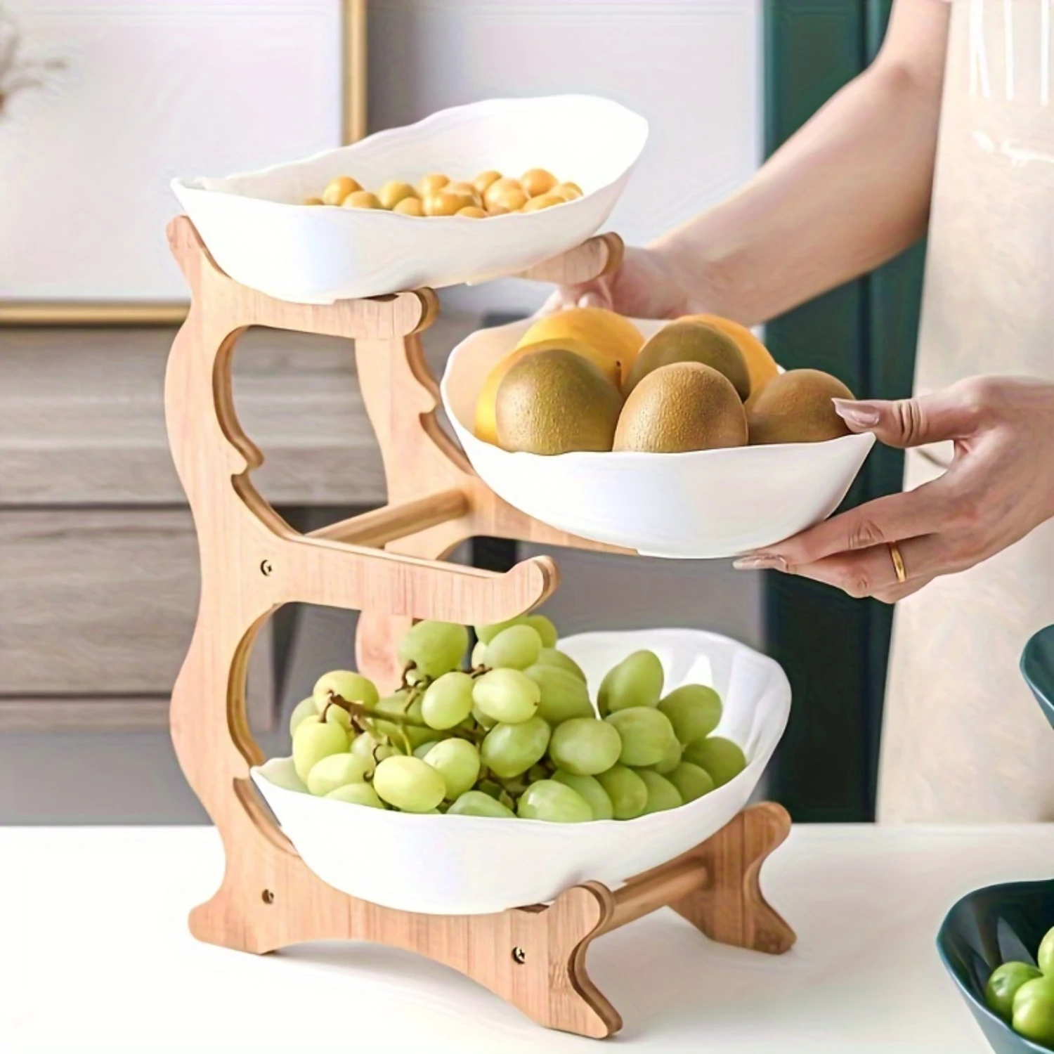 

Nordic Creative Drop resistant Plastic Fruit Plate Wooden Frame Iron Frame Three Layer Fruit Plate Living Room Fruit Pot