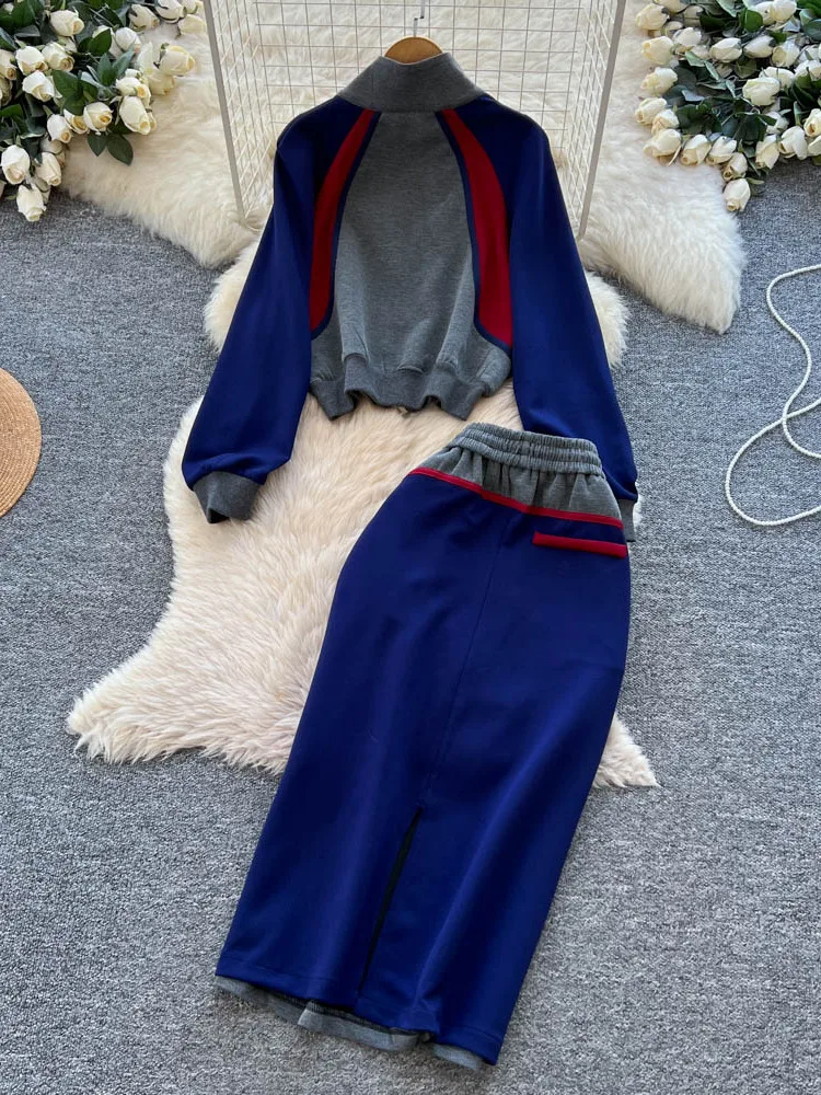 Casual Autumn Outfit Women's Faion Stand Collar Zipper Long Sve Color Blo Sweatirt Jaet High Waist  Skirt Set