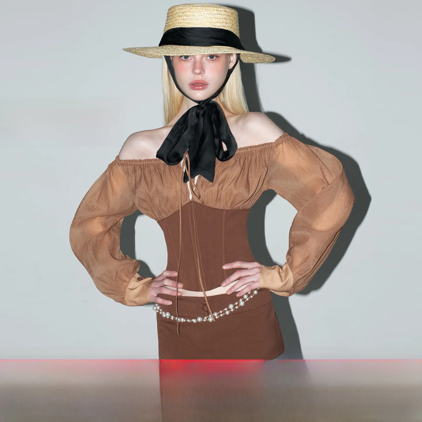 

Retro One Shoulder Bubble Sleeve T-Shirt Women's Spring Brown Low Waist Ultra Short Skirt Set Slim Fit Casual Style Fashion Set